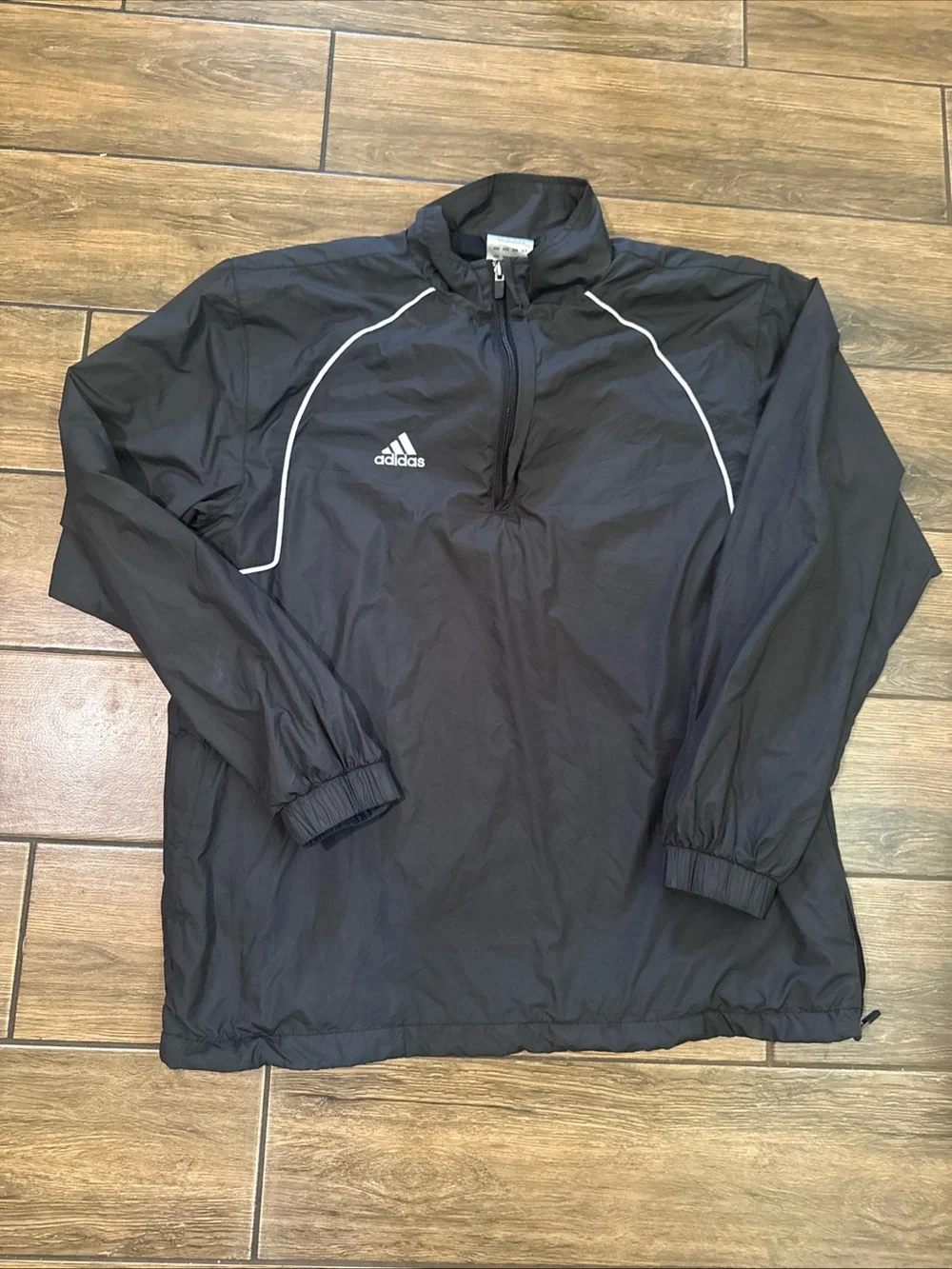 Y2K Adidas black windbreaker jacket with white stripes on back Size Small